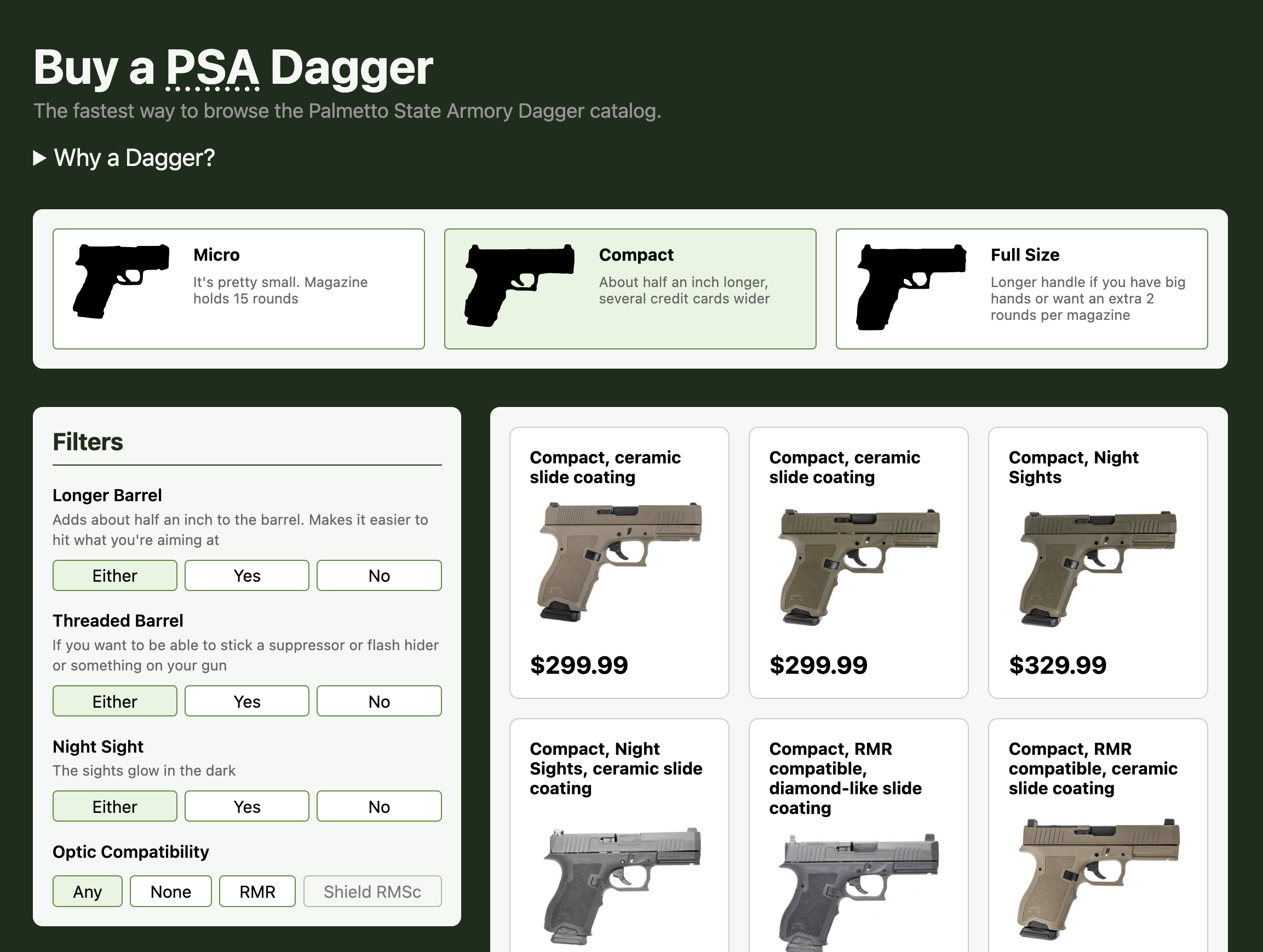 A classy-looking product listing page that says"Buy a PSA Dagger" at the top