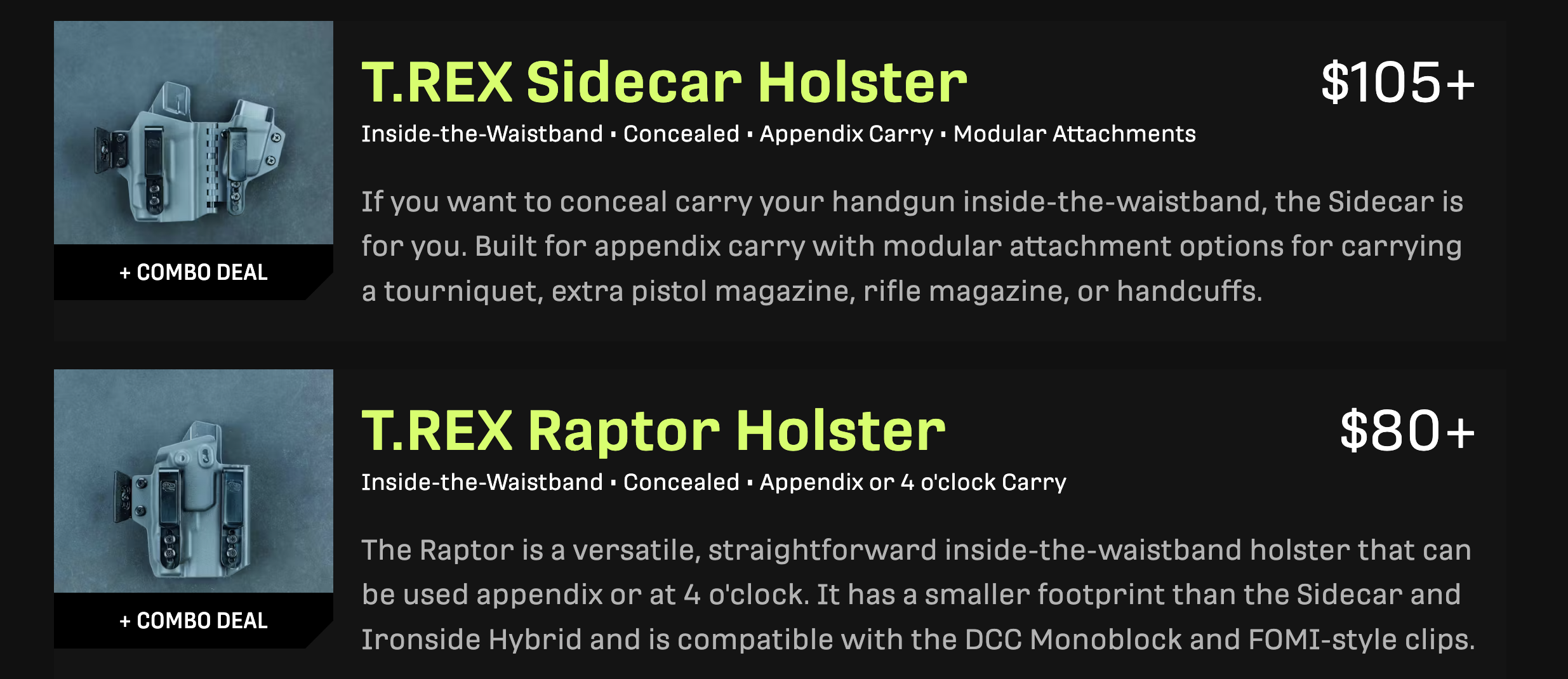 Two holster product listings, the top one has the bullet points "Inside-the-Waistband, Concealed, Appendix Carry, Modular Attachments"